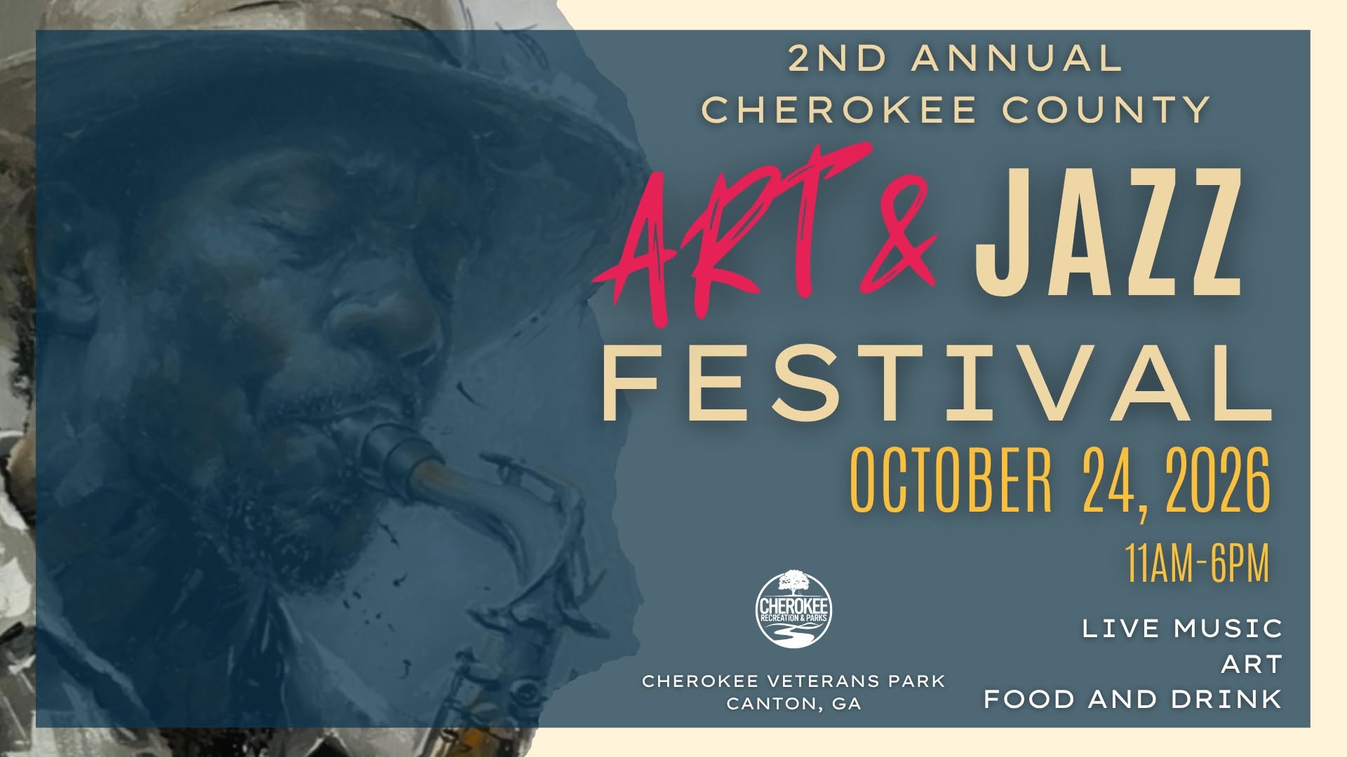 Graphic of man play trumpet with text of event info